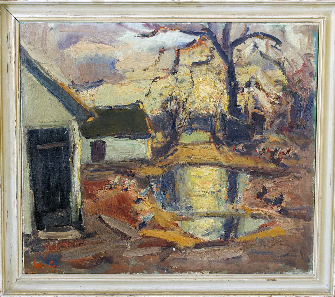 OIDENTIFIERAD KONSTNÄR. Gårdsmotiv, olja på duk, otydligt signerad.