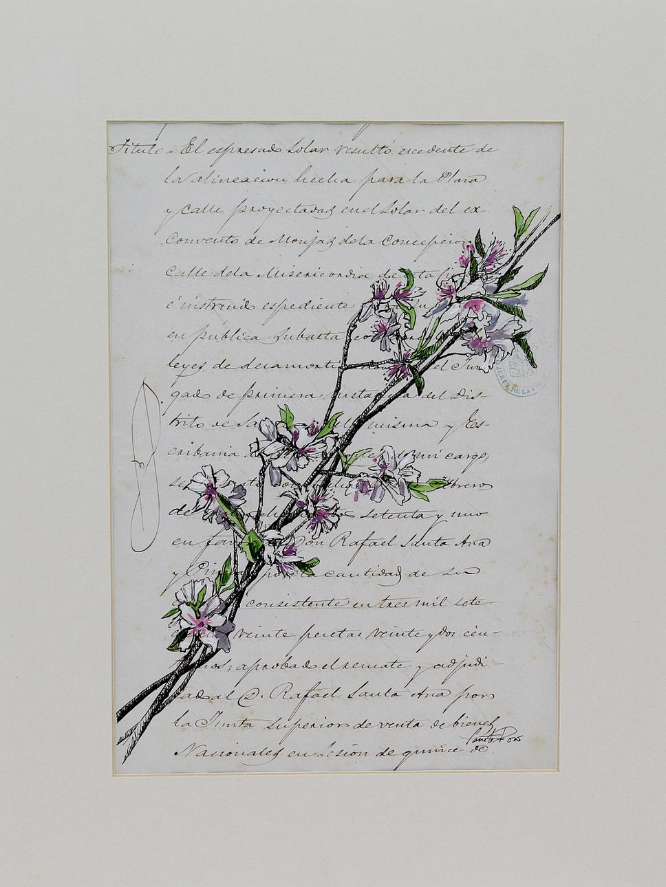 BEATRIZ CANETE POZO. Blomma på bar kvist. Blandteknik på gammalt brev. Signerad Canete Pozo.