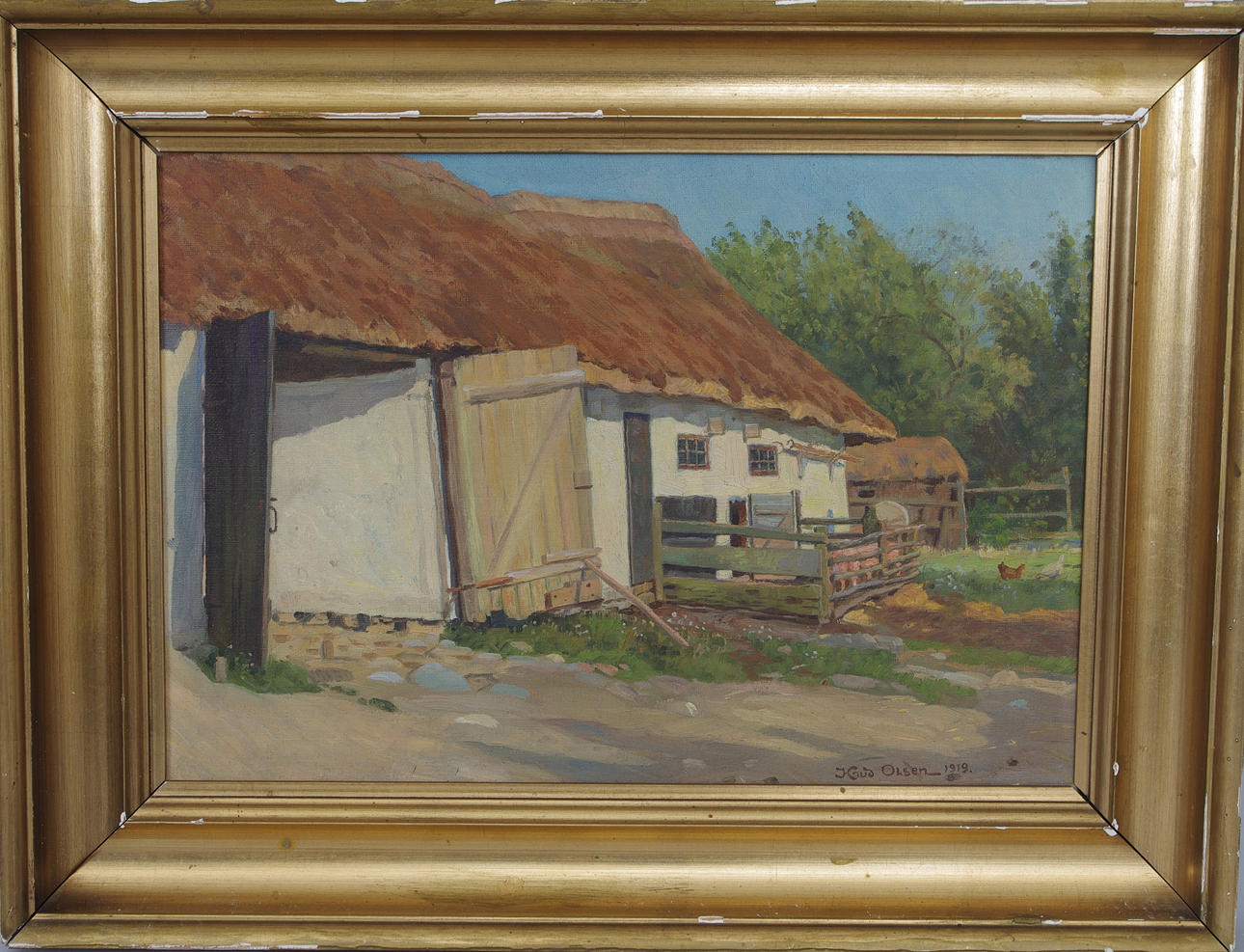 OIDENTIFIERAD KONSTNÄR. Gårdsmotiv, olja på duk, signerad J Gud Olsen 1919.