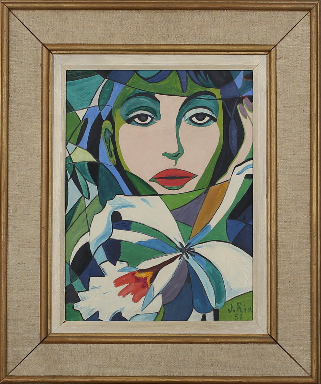 OIDENTIFIERAD KONSTNÄR. Ansikte. Olja på pannå. Signerad J Rix och daterad -58.