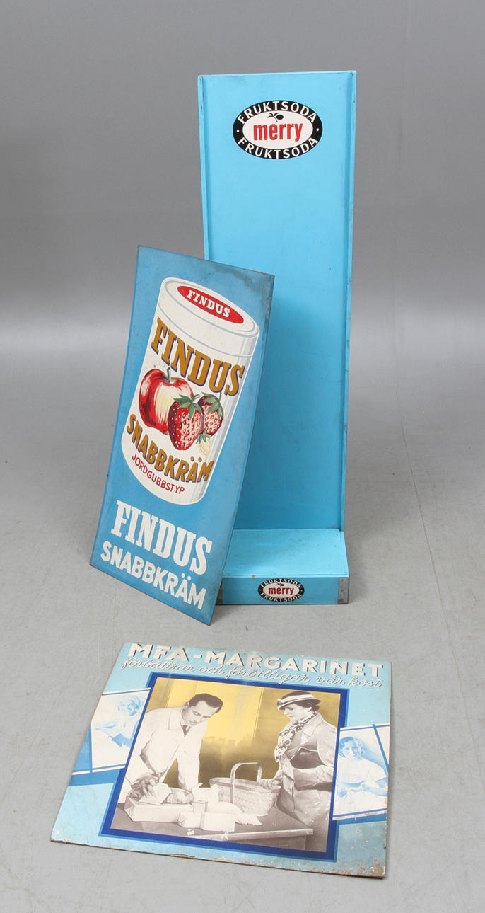 PARTI SKYLTAR, 3 delar, från gammal lanthandel, 1900-tal.