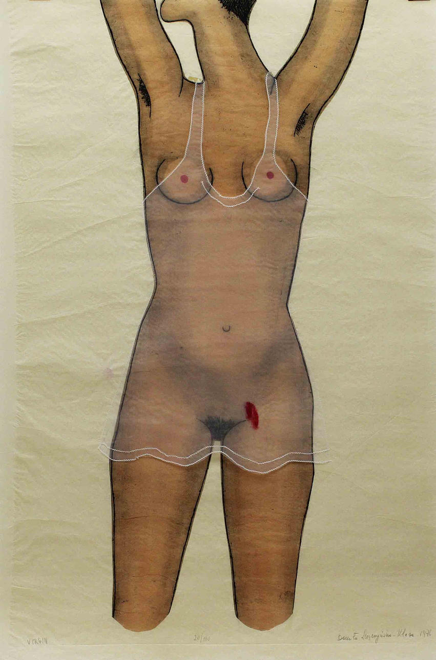 DANUTA LESZCZYNSKA-KLUZOWA. "Virgin". Färglitografi/collage. Signerad och dat 1976. 20/110.