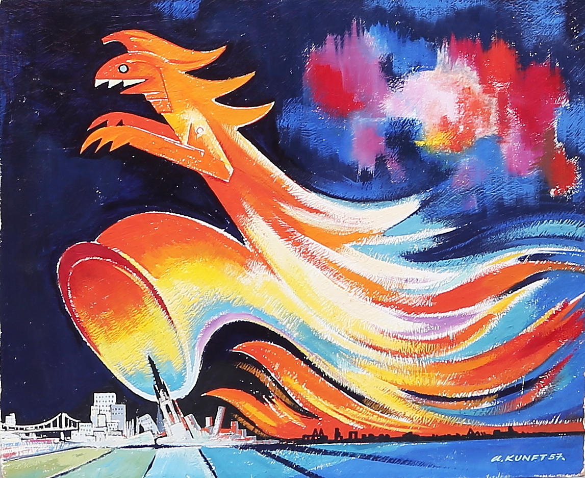 ALFRED KUNFT. Stad under belägring, olja på pannå, signerad o daterad a kunft 57.