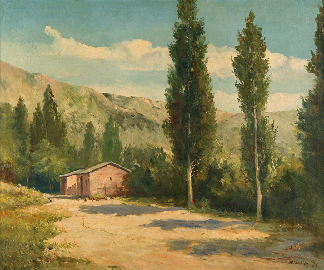 RASMUSSEN, MARTIN SIEGFRIED. ”Chilenska landskap med två bondgårdar”. olja/duk. 50 x 60 cm R. u. tecken.: Martin S. a tergo Hänvisning till ramtillverkaren Taller de Marcos i Buenos Aires. ram.