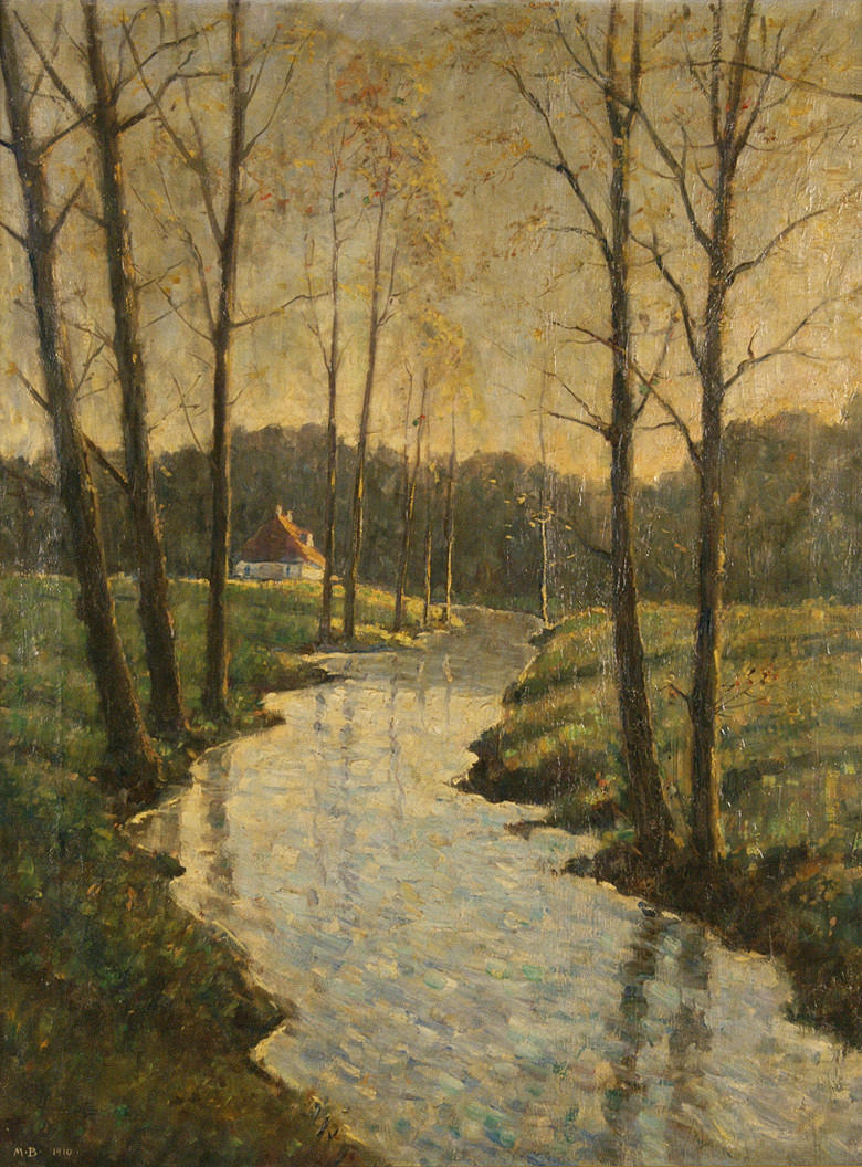 DÄNISCHER MONOGRAMMIST "M.B.". ”Flodlandskap med Alders”. olja/duk. 88 x 62 cm (över och under vikta med 5 cm, vänster och höger med 2 cm vardera). L. u. monogr. och dat.: M.B. 1910. Rahman.