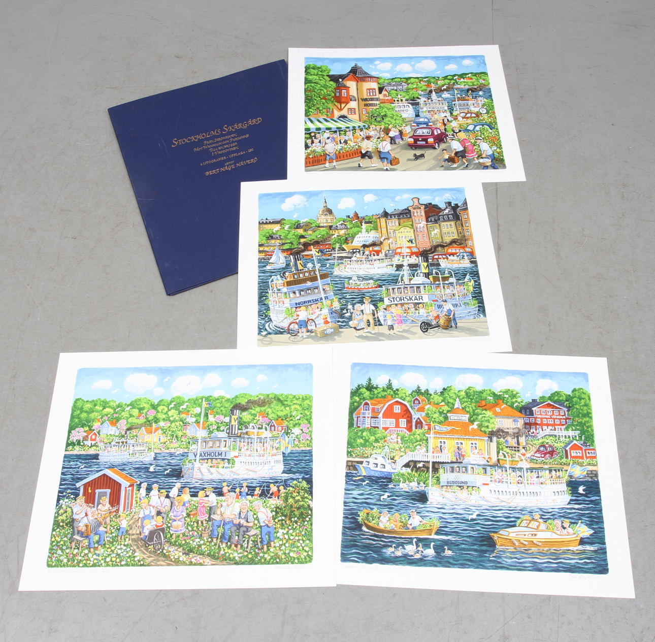 BERT-HÅGE HÄVERÖ. 4 st, Stockholms Skärgård, färglitografier, mapp, EA-upplaga.