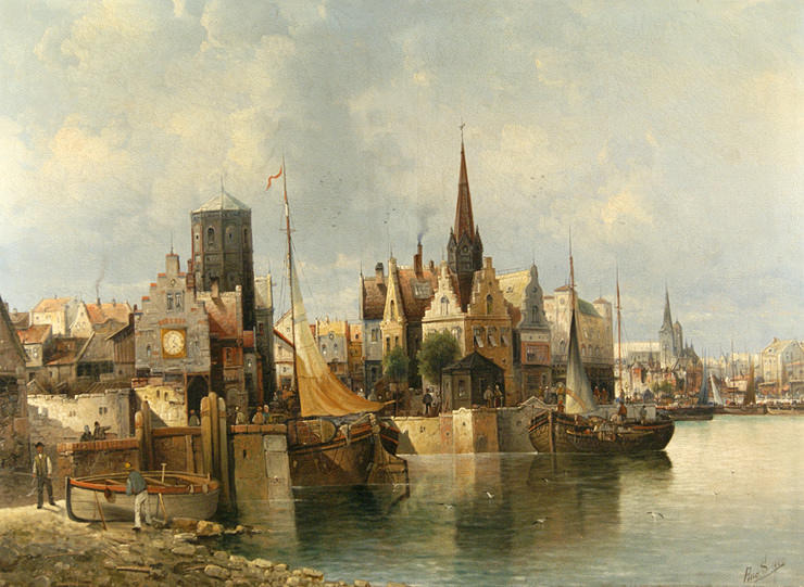 SIEGEN VON, AUGUST. ”Utsikt över hamnen”. olja/duk. 74 x 100 cm R. u. tecken.: Aug Seger. Ramlösa.