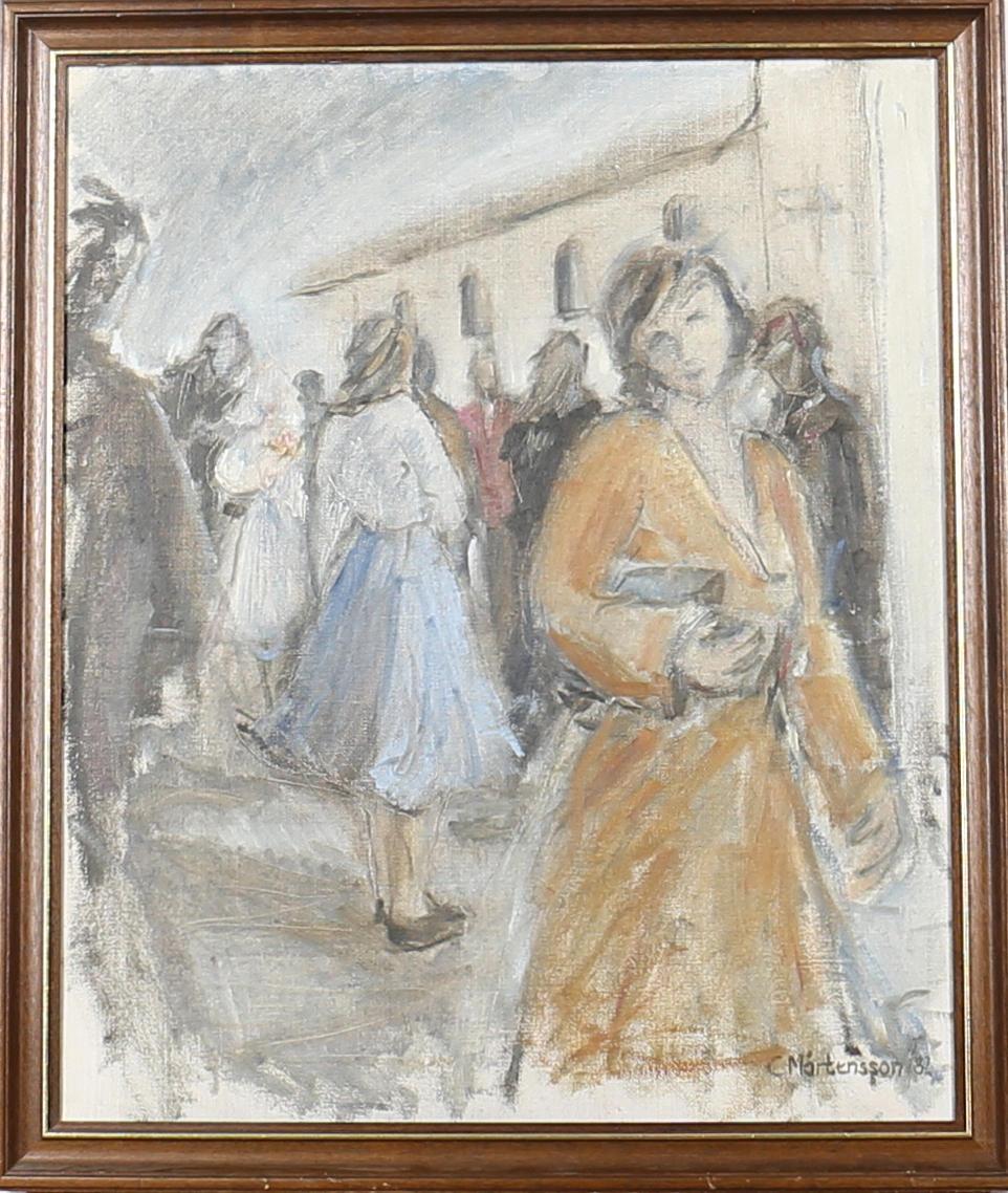 CHRISTINA MÅRTENSSON. Olja på duk. Bröllops gratulationer. Signerad C Mårtensson. Daterad -82.