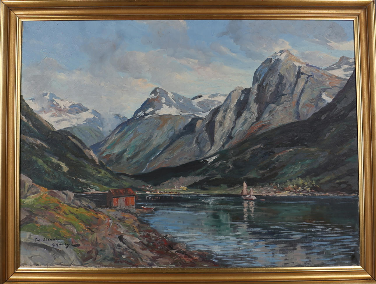 BJARNE MAURITZ LARSEN. Olja på duk. Motiv över Sunnmöre Norge. Signerad Bj Mauritz L.