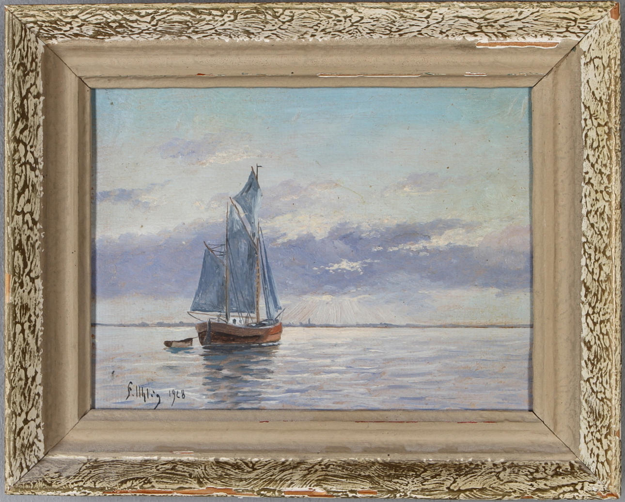 OIDENTIFIERAD KONSTNÄR. Segelbåt, olja på papp, otydligt signerad.