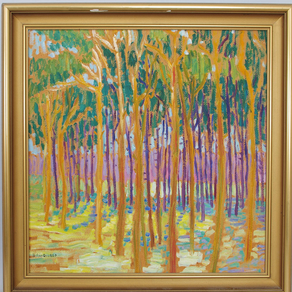 BERGLIOT FLORELL VON DELLWIG. Skog, olja på pannå, signerad B. F. v. D. 1920.