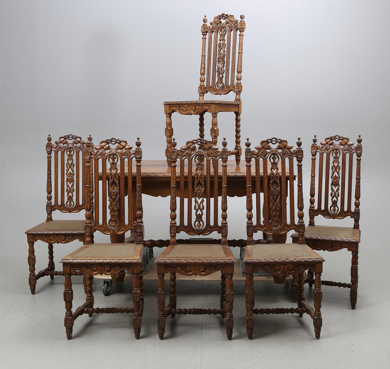 MATSALSMÖBEL, nyrenässans, ek, 7 delar.