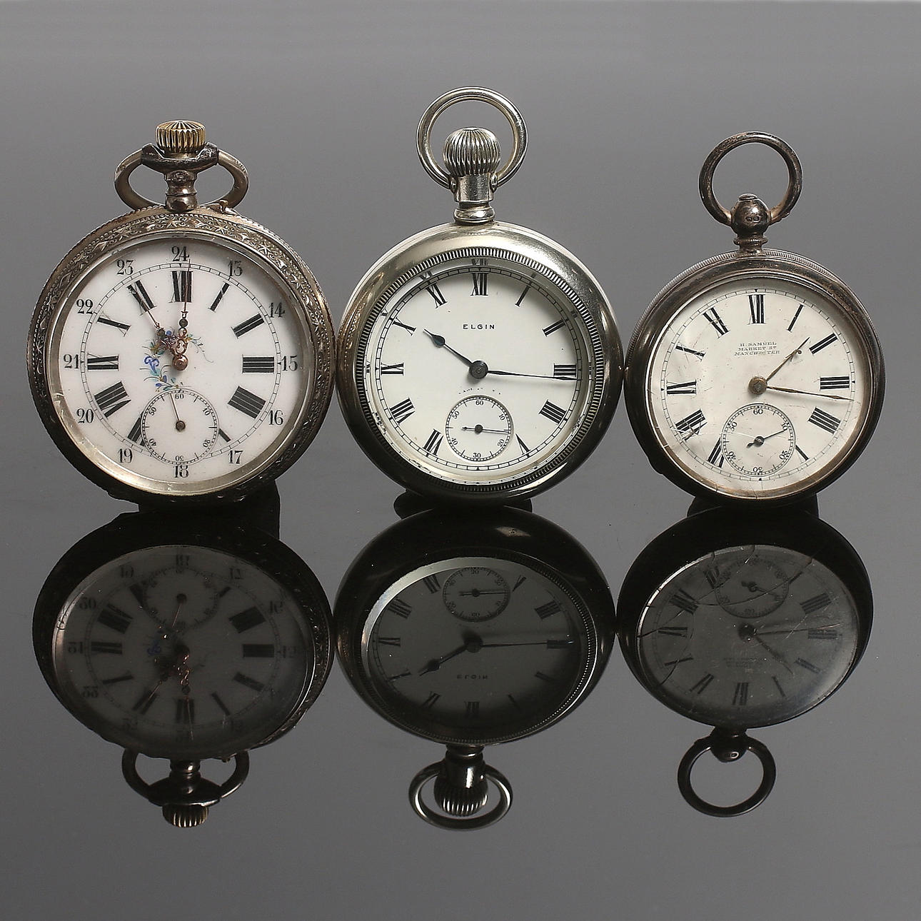 FICKUR, 3 st, silver, bl.a. spindelur, H. Samuel, Market St., Manchester. 18/1900-tal.