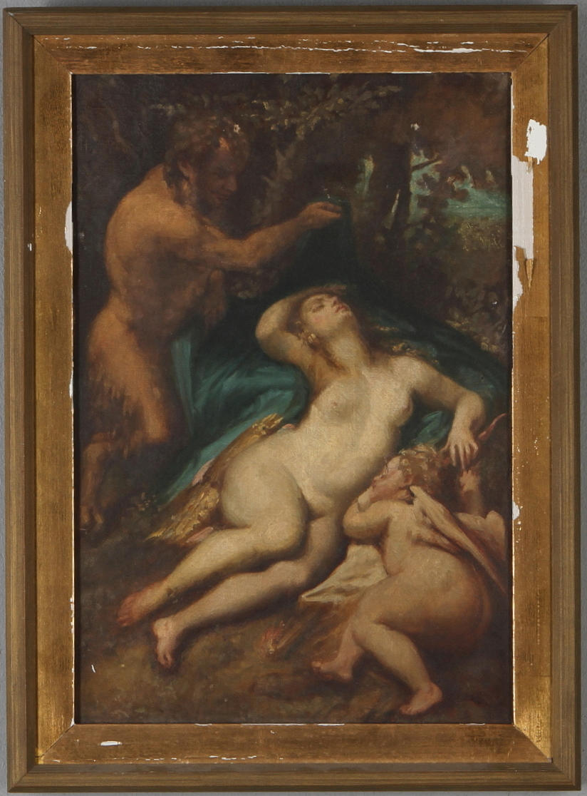 OIDENTIFIERAD KONSTNÄR. REPLIK. efter Correggio, Sovande Venus med Amour och Faun, olja på duk.