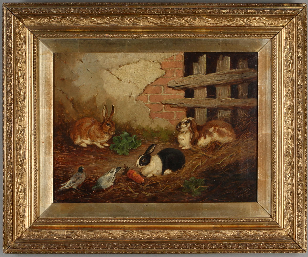 E. S. ENGLAND. Kaniner och duvor, olja på duk, signerad, 1800-tal.