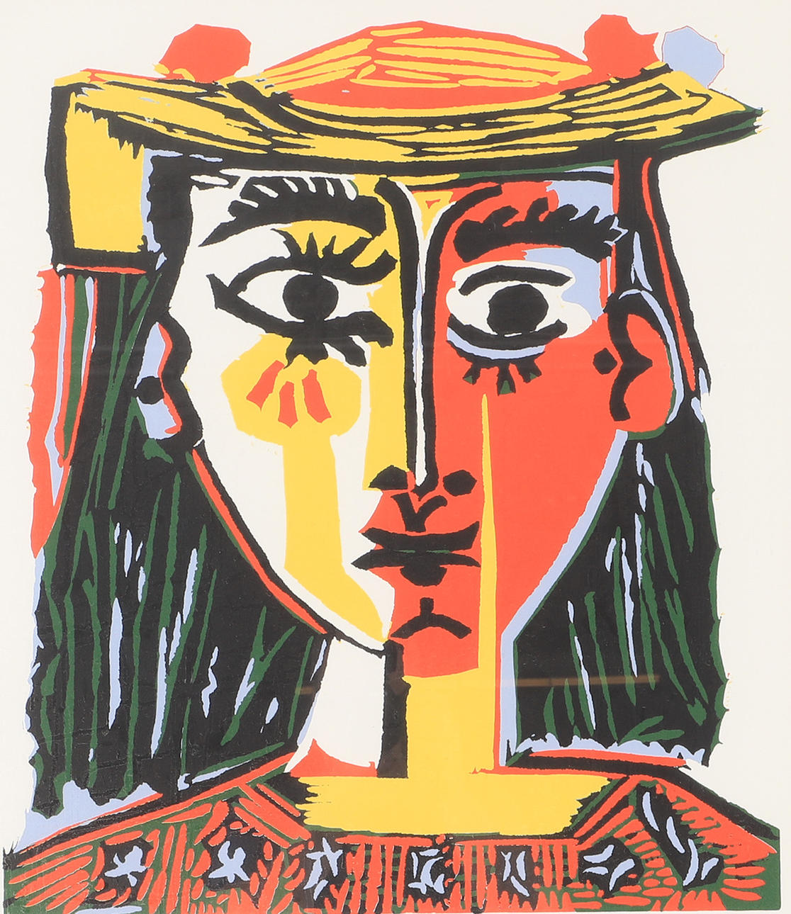 PABLO PICASSO. EFTER. Kvinde med hat, farvelitografi, stempel signeret.