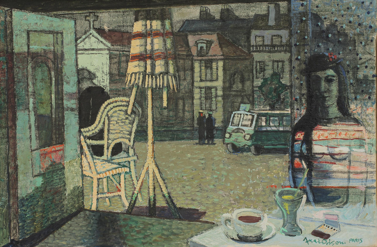 AXEL OLSON. Gatubild med figurer, Paris, olja på duk, signerad.