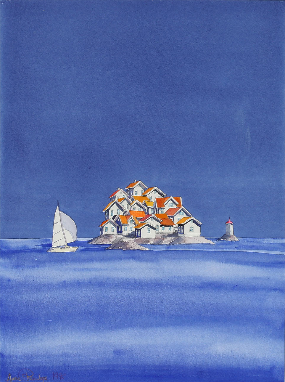 ARIANA RAMHAGE. Ö med bebyggelse, akvarell, signerad 1996.