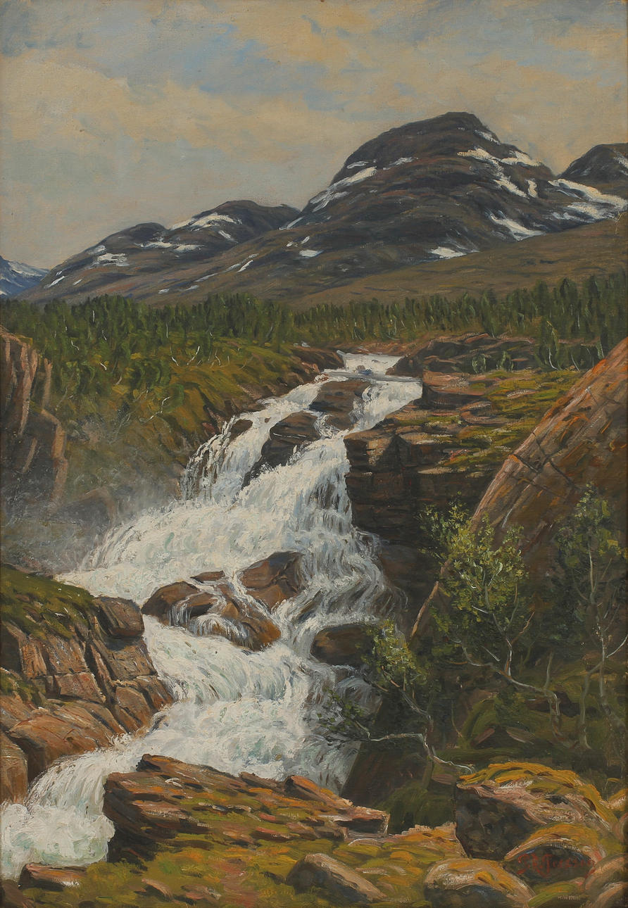 PETER ADOLF PERSSON. Landskap med vattenfall, olja på duk, signerad.