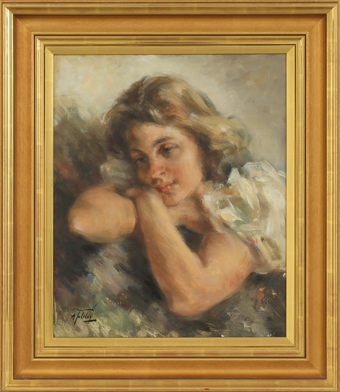 ALEXANDER TOLSTOY. Kvinnoporträtt, olja på pannå, signerad.