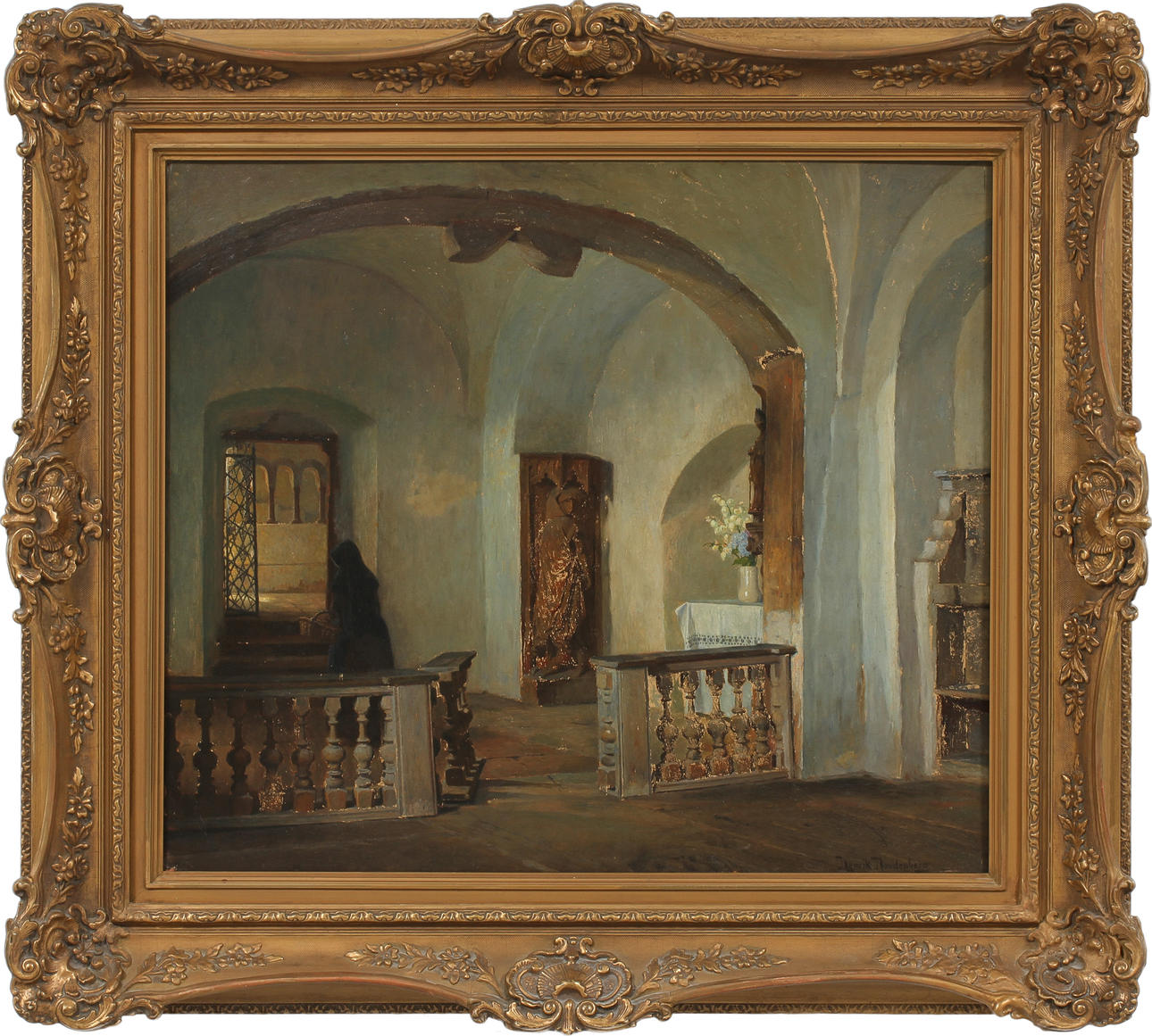 HENRIK NORDENBERG. Kyrkointeriör med figur, olja på pannå, signerad.