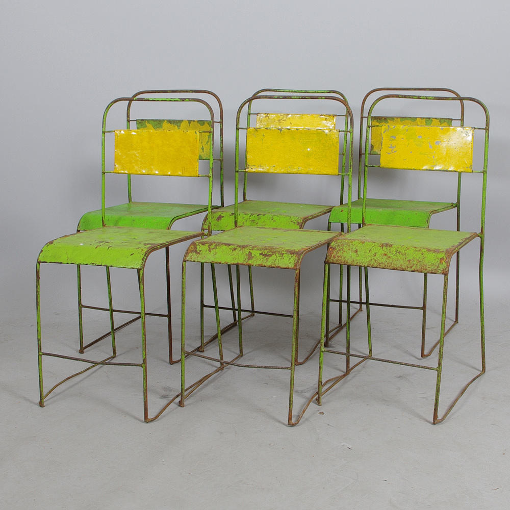 STOLAR, 6 stycken, målad plåt och smidesjärn, industridesign, Frankrike.