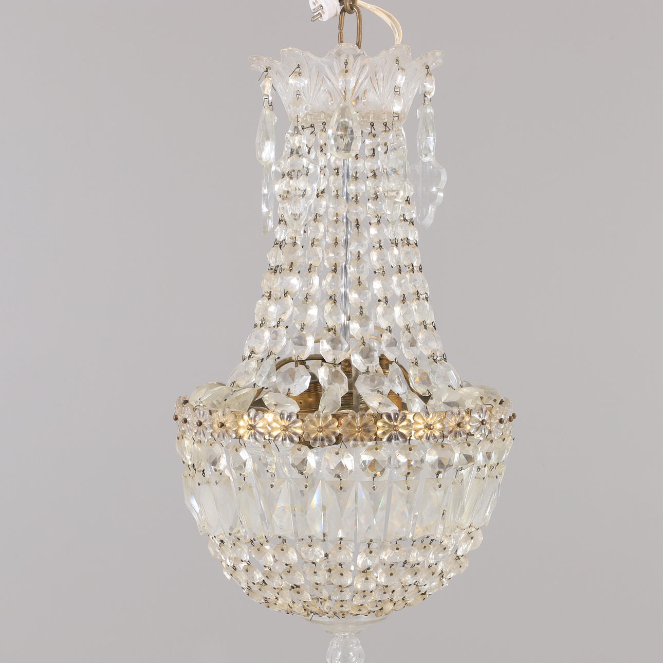 CHANDELIER, brass, mid 20th century.