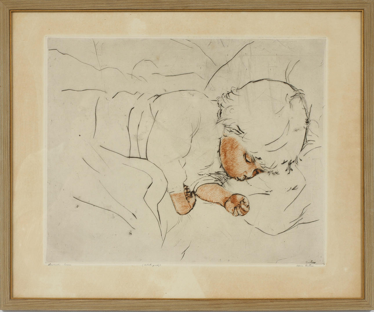 LOUIS BASTIN. "Sovande barn" Färgetsning, signerad.