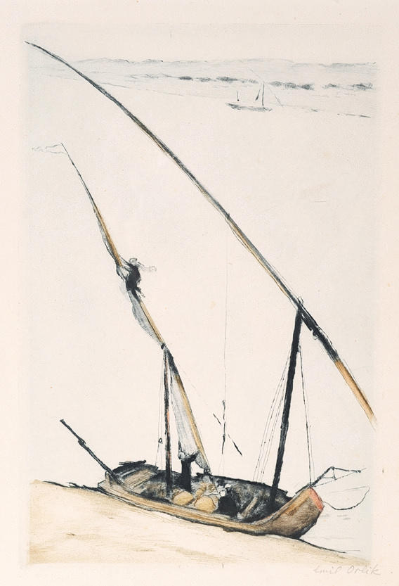 ORLIK, EMIL. ”Felucca på Nilen” (1916). Färgetsning/vellum. 29,8 x 19,5 cm R. u. bly tecken.: Emil Orlik. Inramad under glas.