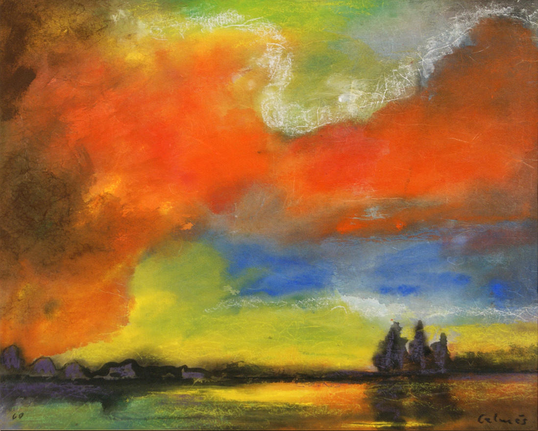 CALMÉS , PETER. ”Landskap i Nedre Rhen”. Blandad media/Japan. 47,5 cm x 58,5 cm (mount cutout) R. u. tecken.: Lugnar. L. u. dat.: (19) 60. Inramad under glas i passe-partout. Oöppnad.