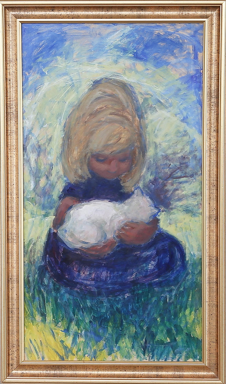 ELSA MARGARETA MELLAIS. Flicka med katt, olja på pannå.