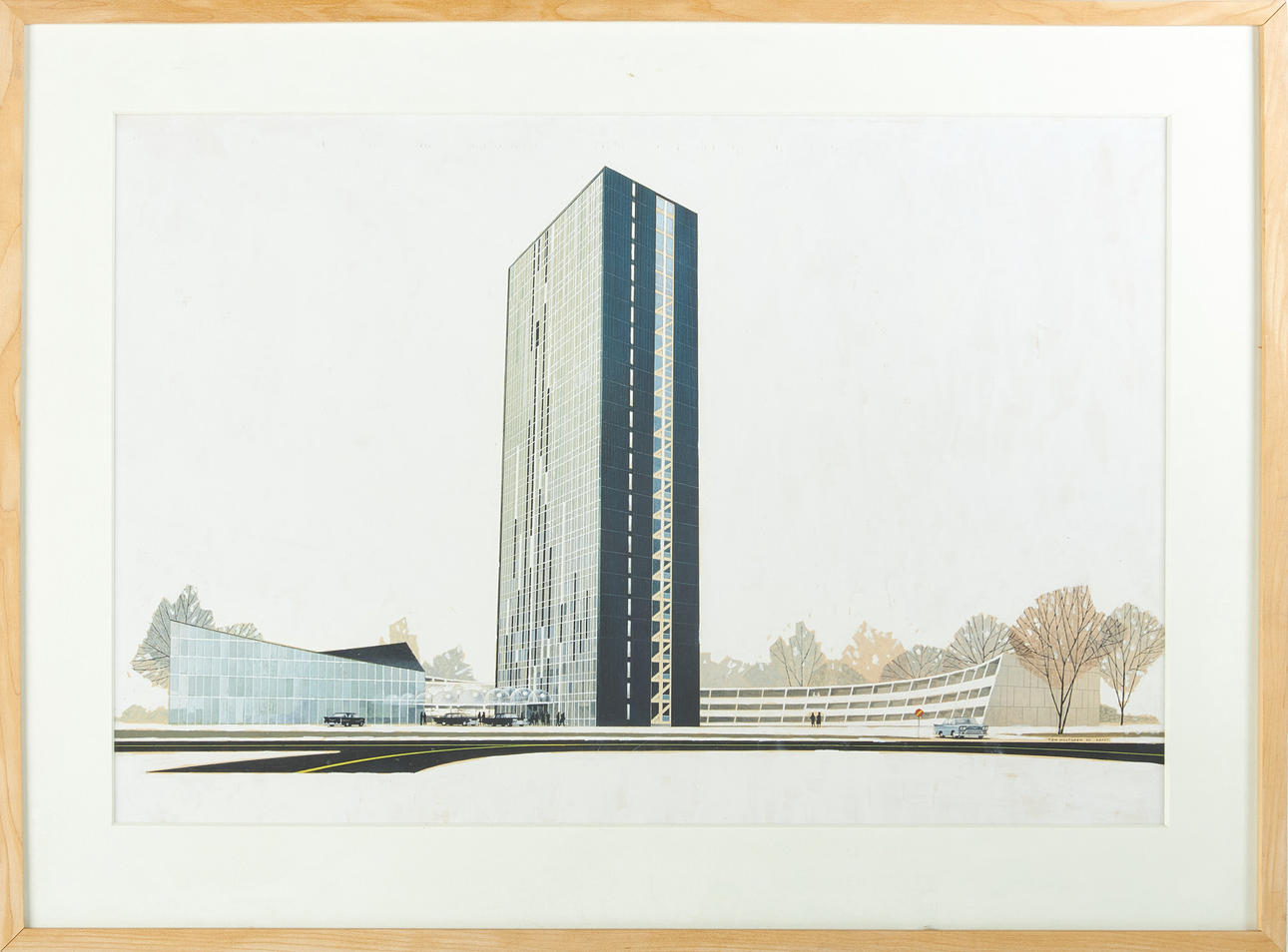 TOM HULTGREN. motif with Wenner-Gren Center, mixed media, signed.