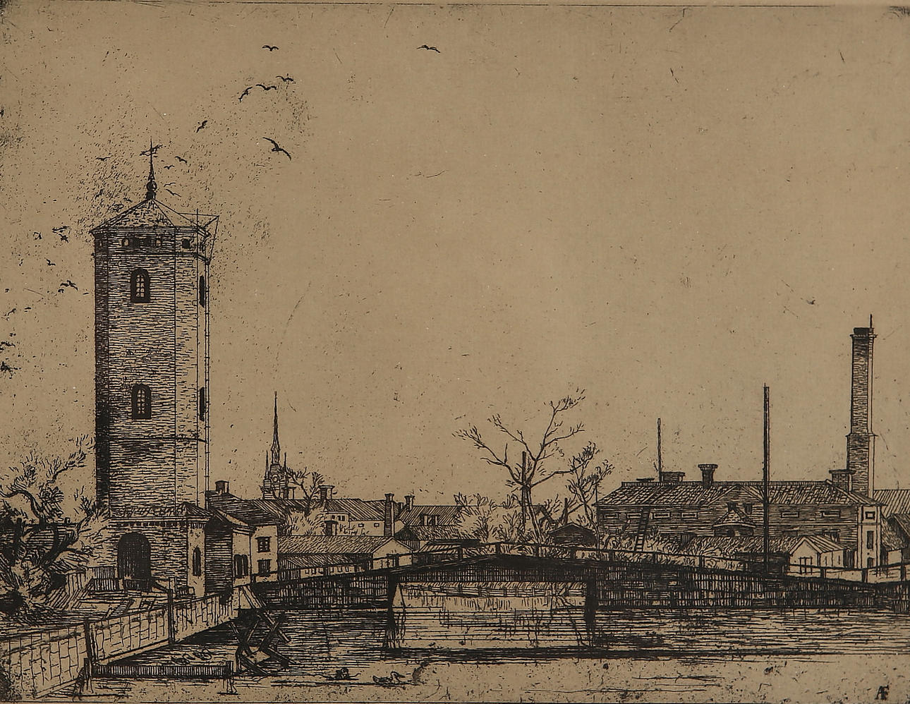 AXEL FRIDELL. "Falu River", etching, signed, 1925.