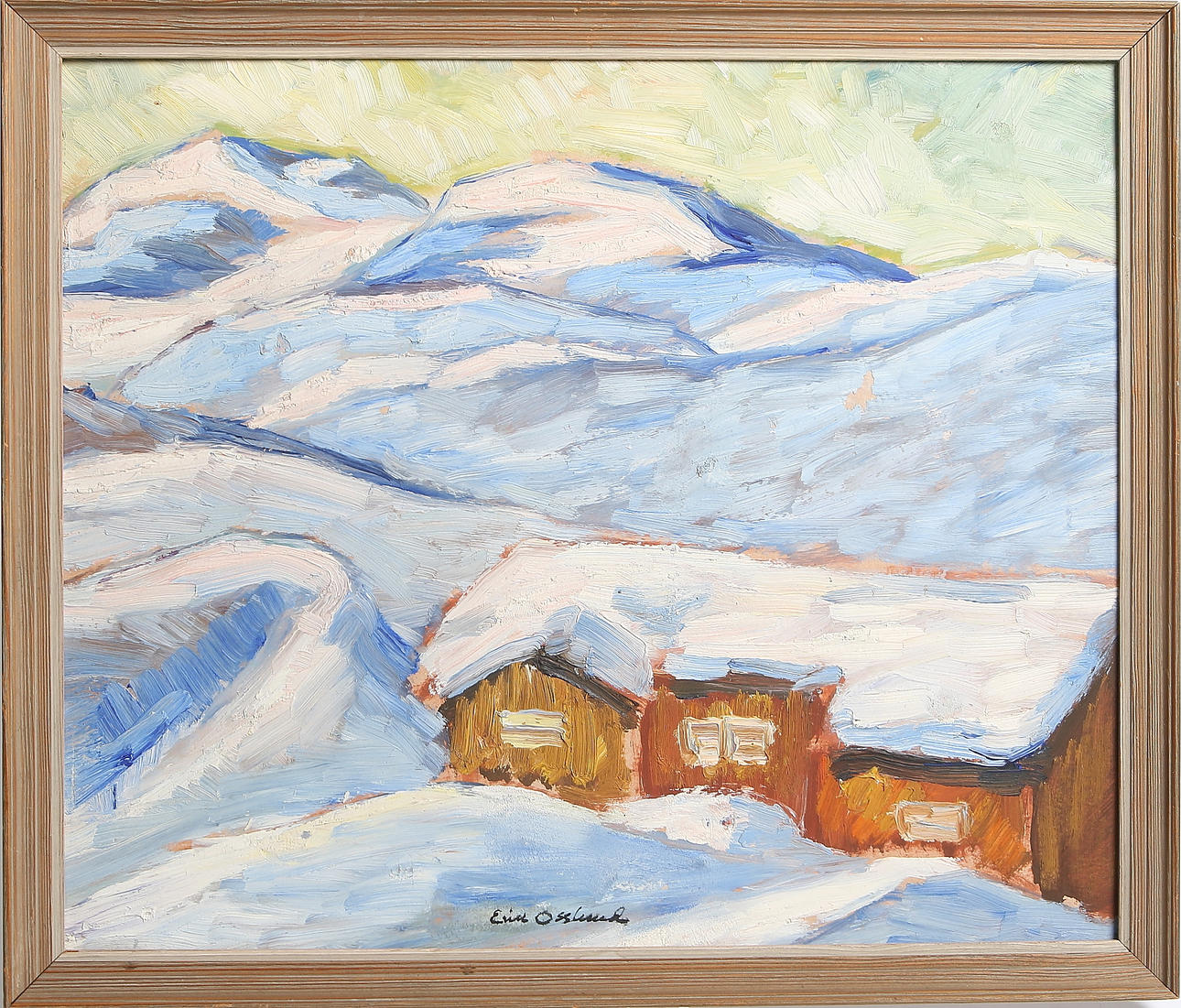 ERIK OSSLUND, olja på duk." Vid fjällsstugan en påskdag", signerad.
