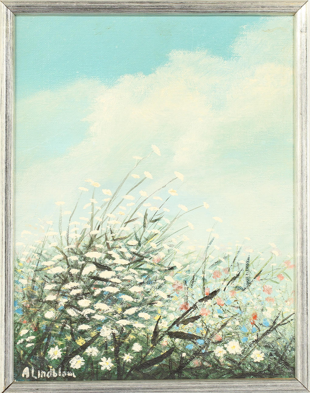 ARNOLD LINDBLOM. 2 st, blommor resp strandmotiv. Olja på duk, sign.