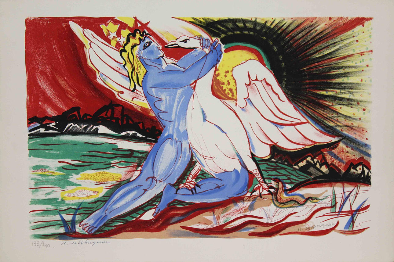 HENRY DE WAROQUIER. Leda och svanen. Färglitografi. Sign H. de Waroquier. 133/240.