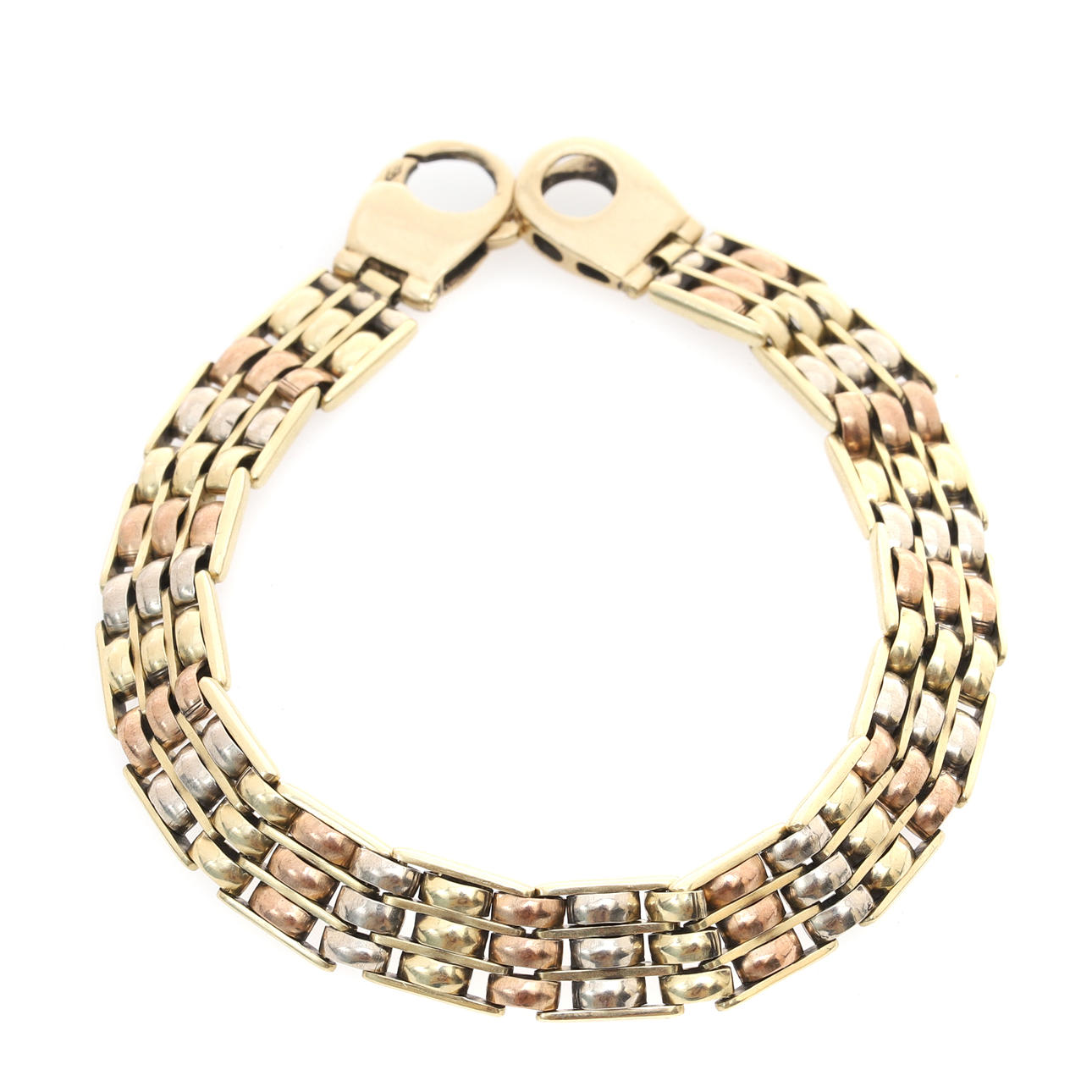 A MODERN 9CT THREE-COLOUR GOLD BRACELET.