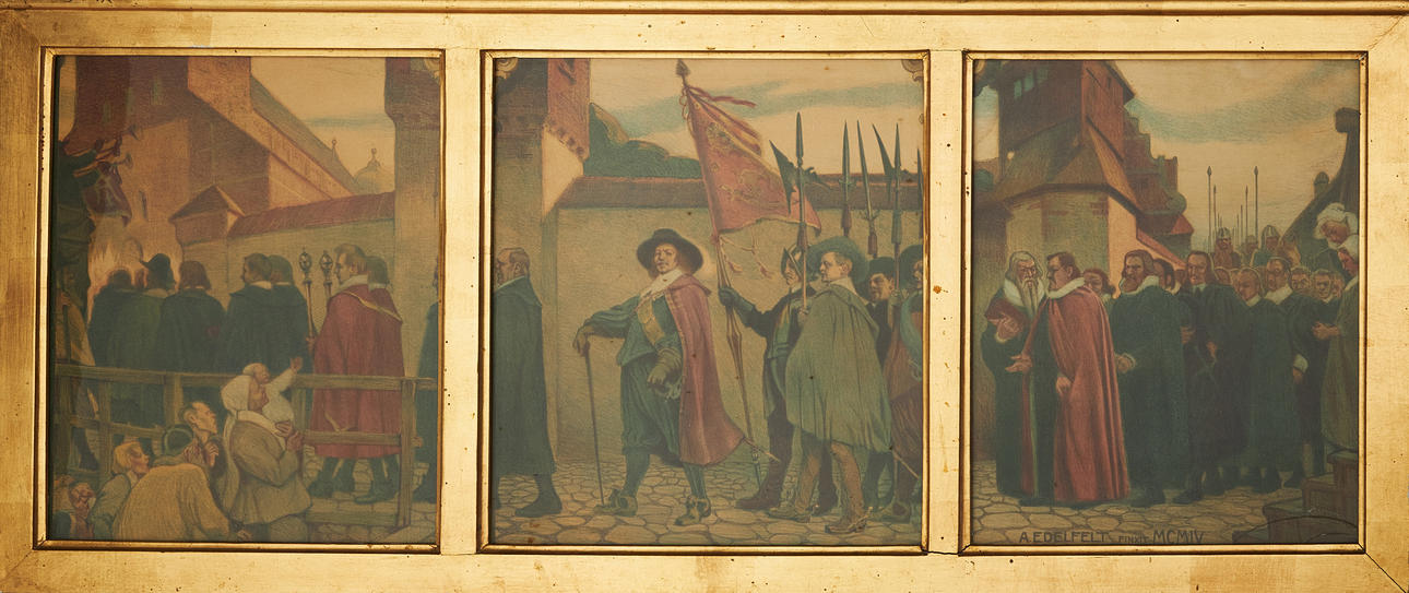 ALBERT EDELFELT. EFTER. Åbo akademi invigs 1640. litografiska tryck efter målningar, ramad triptyk.