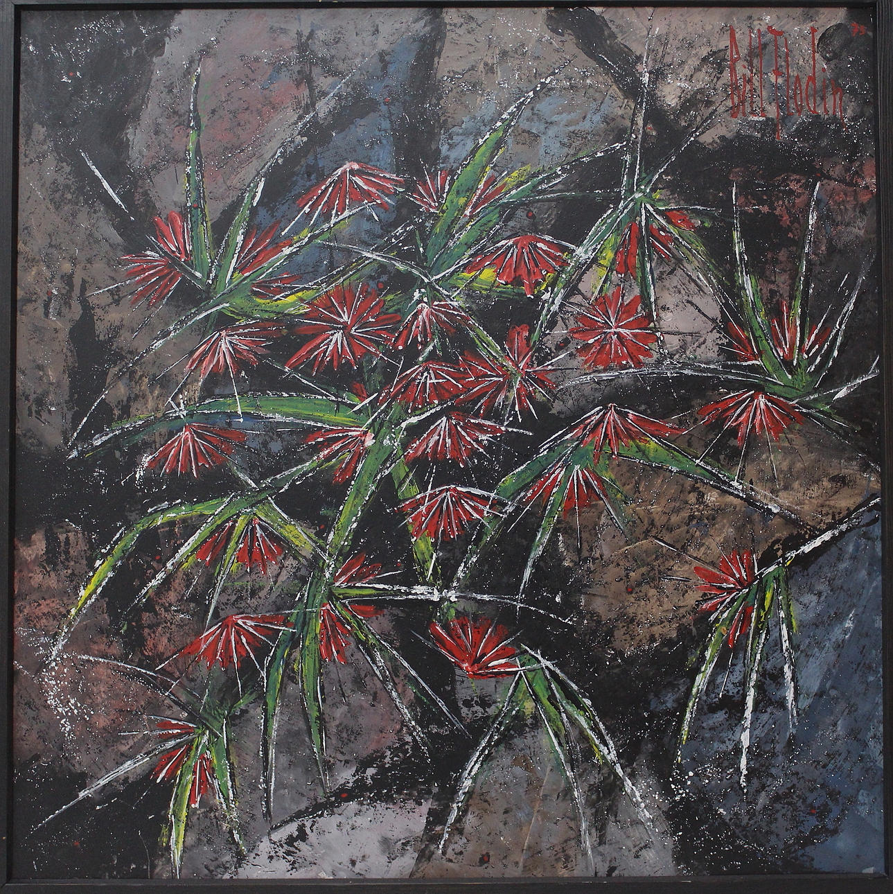 FLODIN. olja på pannå, blommor i Bohusklippa, signerad.