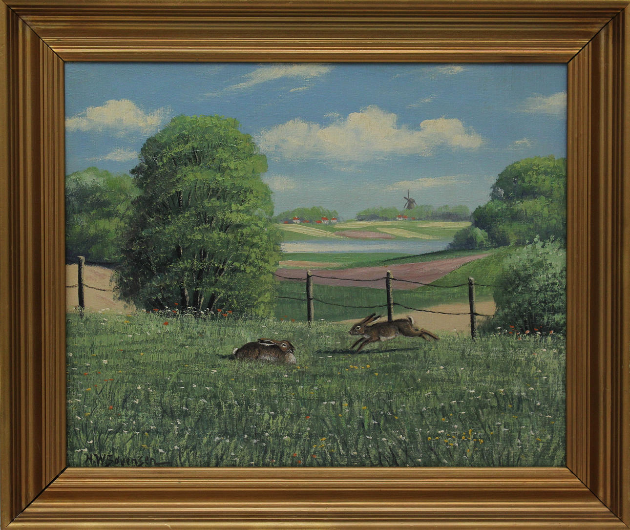 H. W. SØRENSEN. Landskap med djur. Olja på duk (2). Signerade.