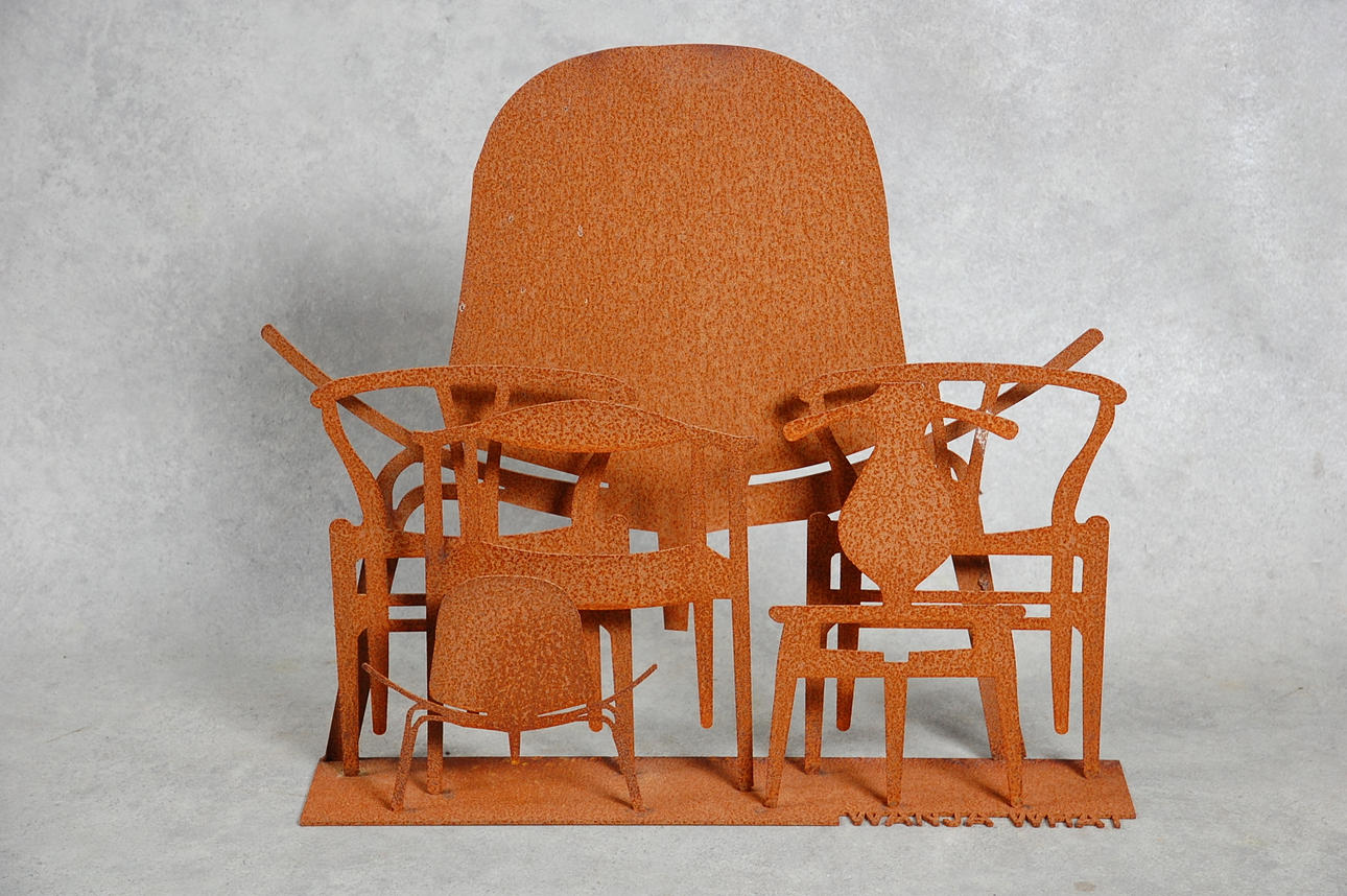 WANJA WHAT. skulptur, " The Danish Collection " patinerad stål, efter Wegners stolar.