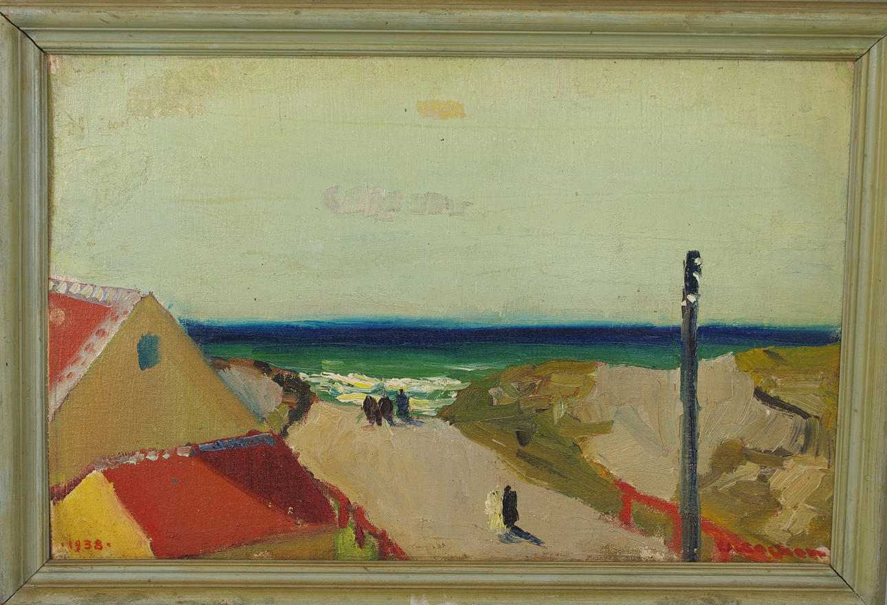 VALDEMAR SECHER. Kustparti med hus, olja på pannå, signerad V. Secher 1938.