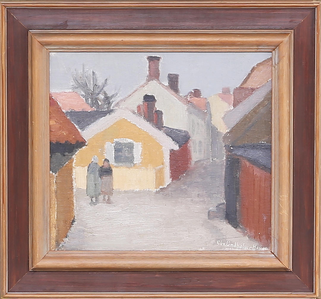 EDWIN LINDHOLM HOUGE. "Gamla stan, Kalmar", olja på pannå, signerad o daterad edv.Lindholm-Houge.