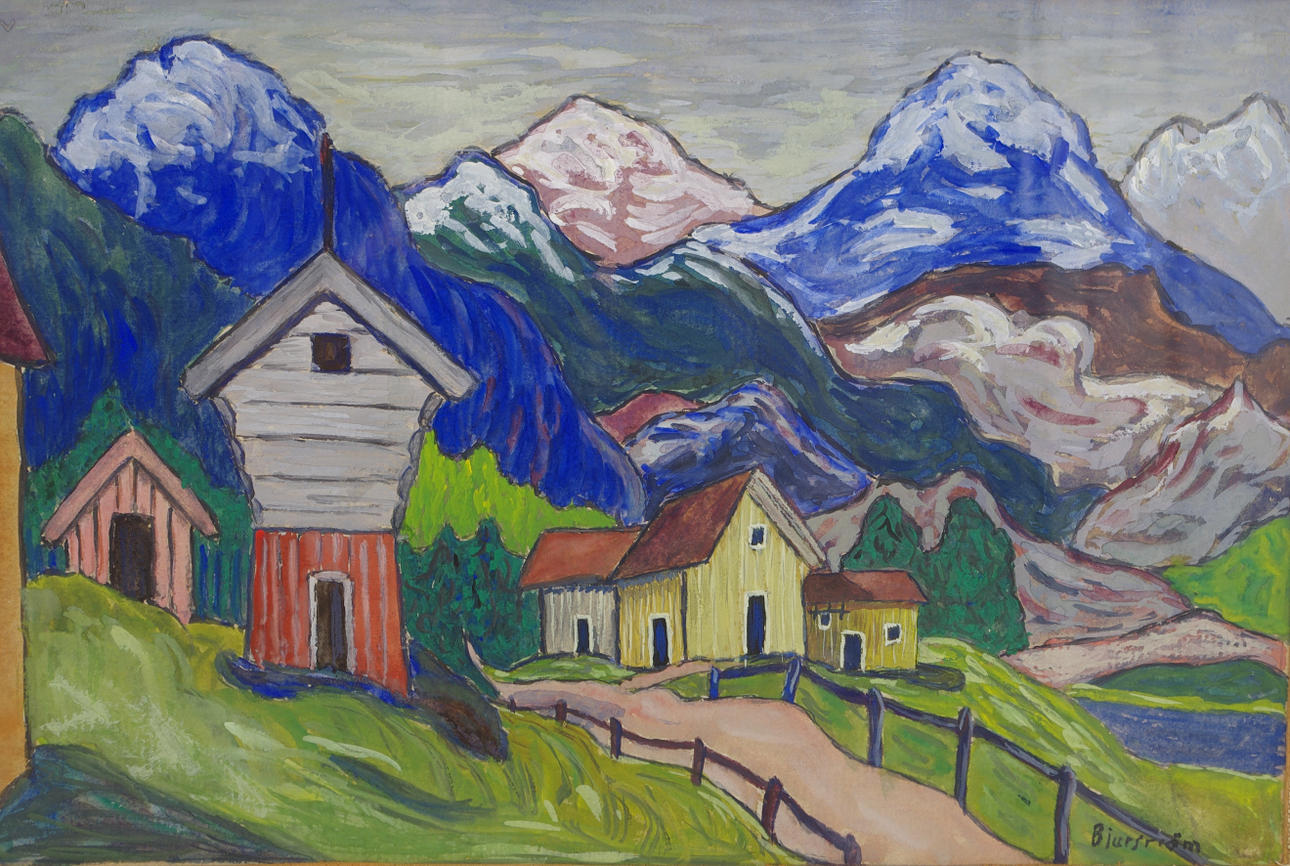TOR BJURSTRÖM. Bergslandskap med stugor, blandteknik, signerad Bjurström.