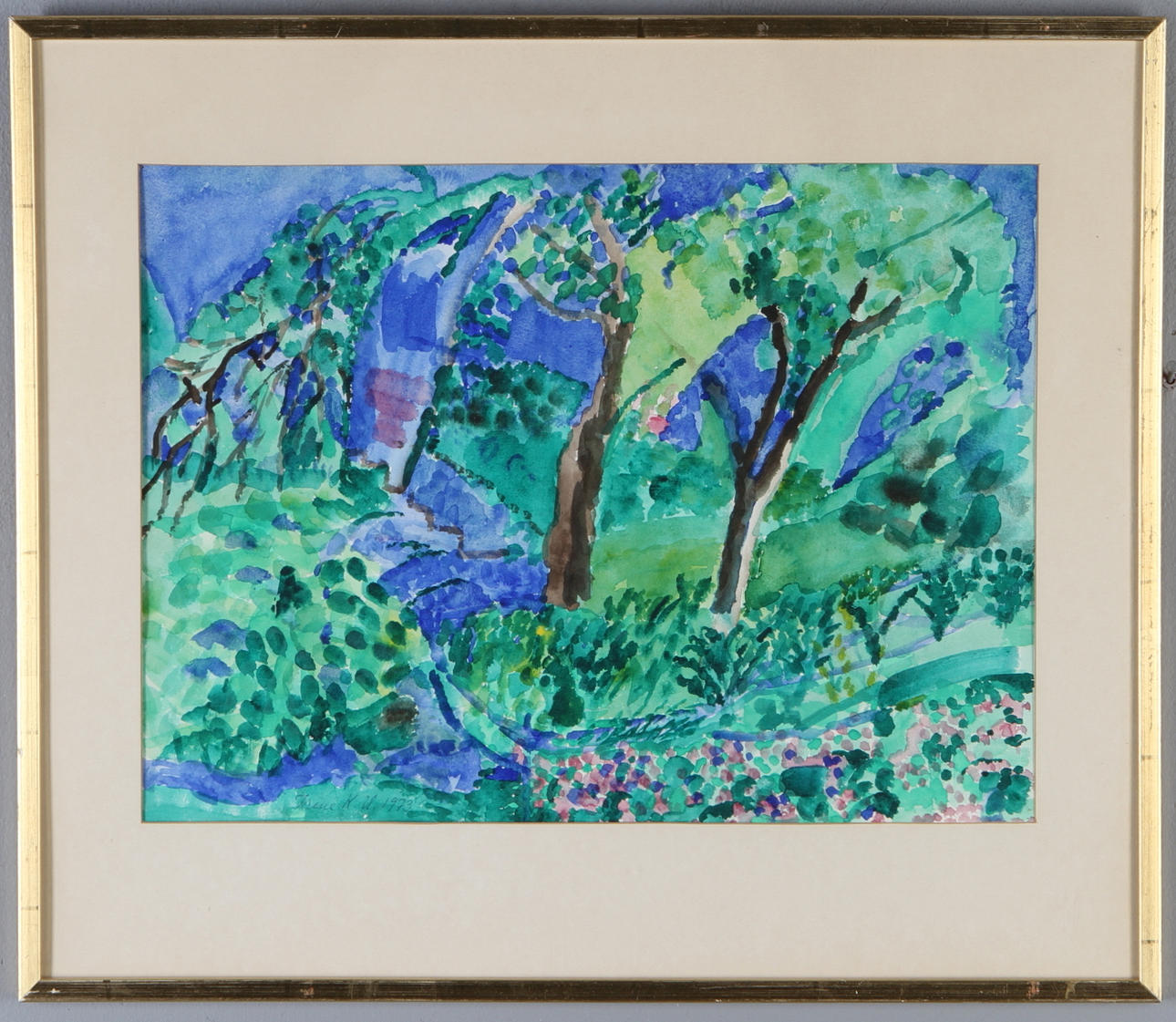 IRENE K:SSON ULLBERG. Landskap med träd, signerad samt daterad 1973.