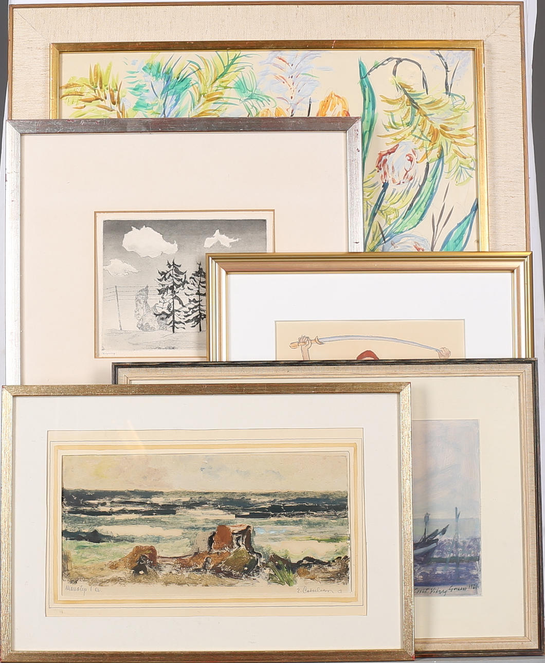 KONST, tavlor, 7 st, olika tekniker och konstnärer.