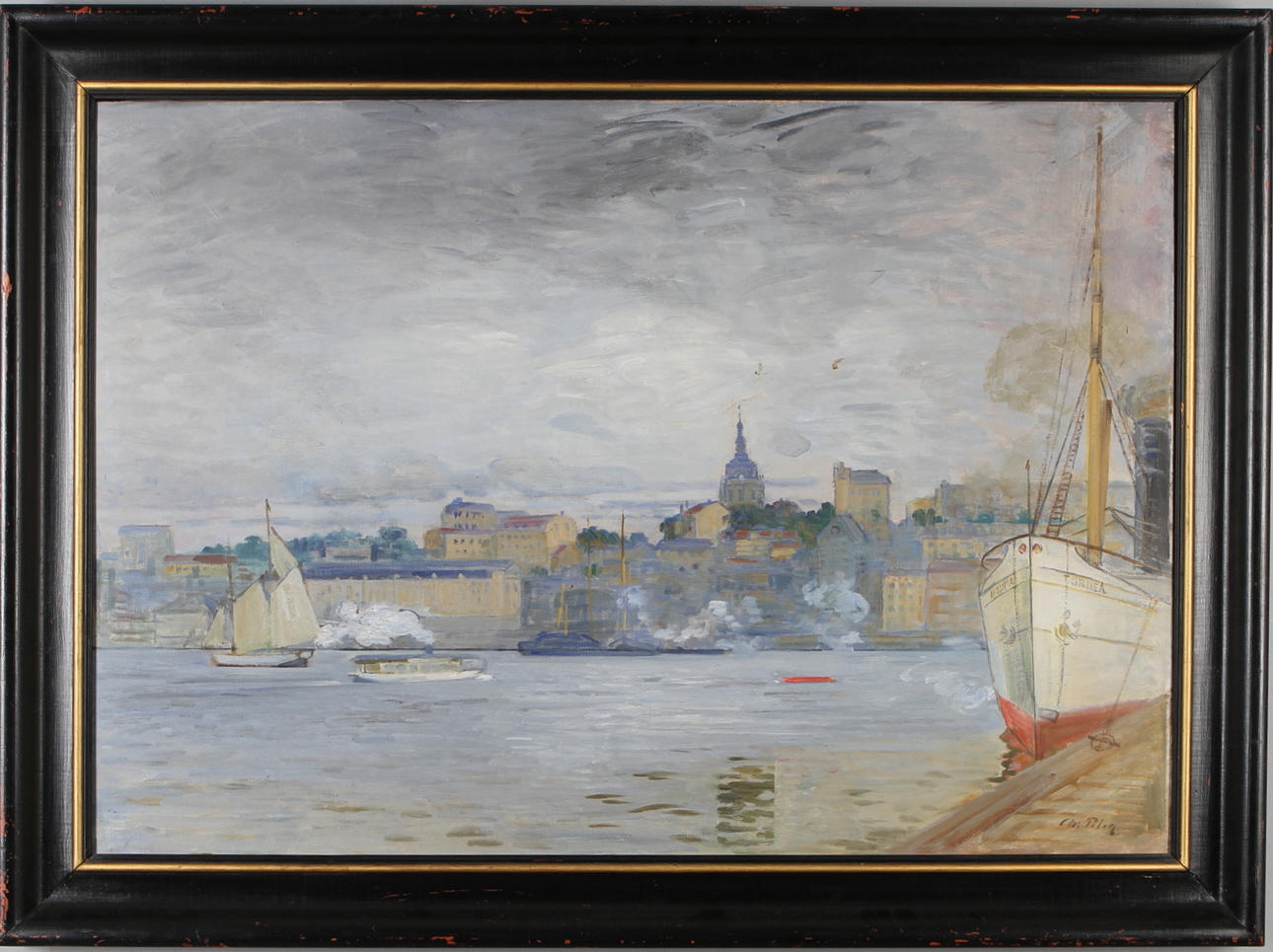 OIDENTIFIERAD KONSTNÄR. Söder från från Skeppsbrokajen, olja på duk, otydligt signerad.