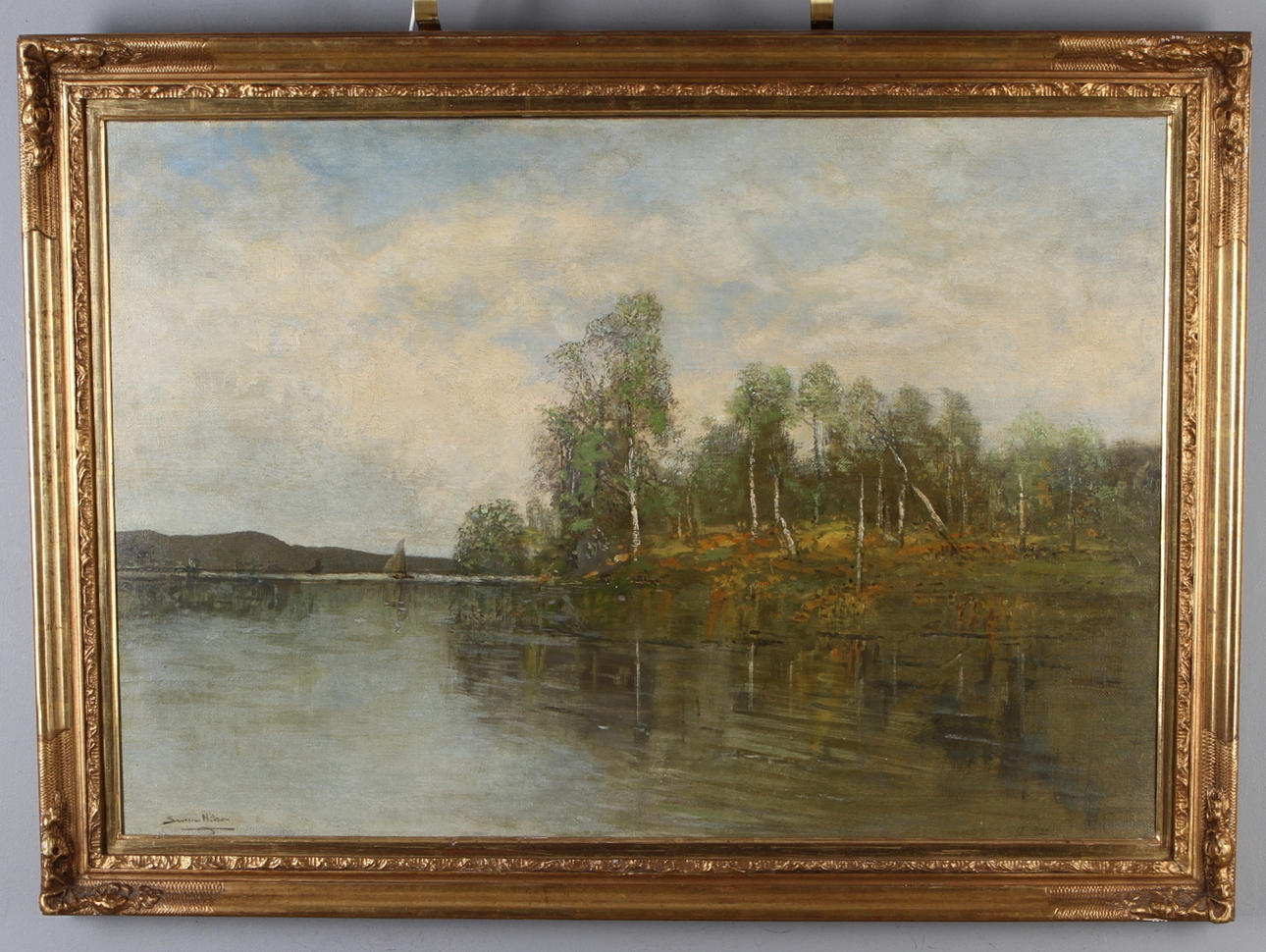 SEVERIN NILSON. Insjölandskap med segelbåt, olja på duk, signerad.