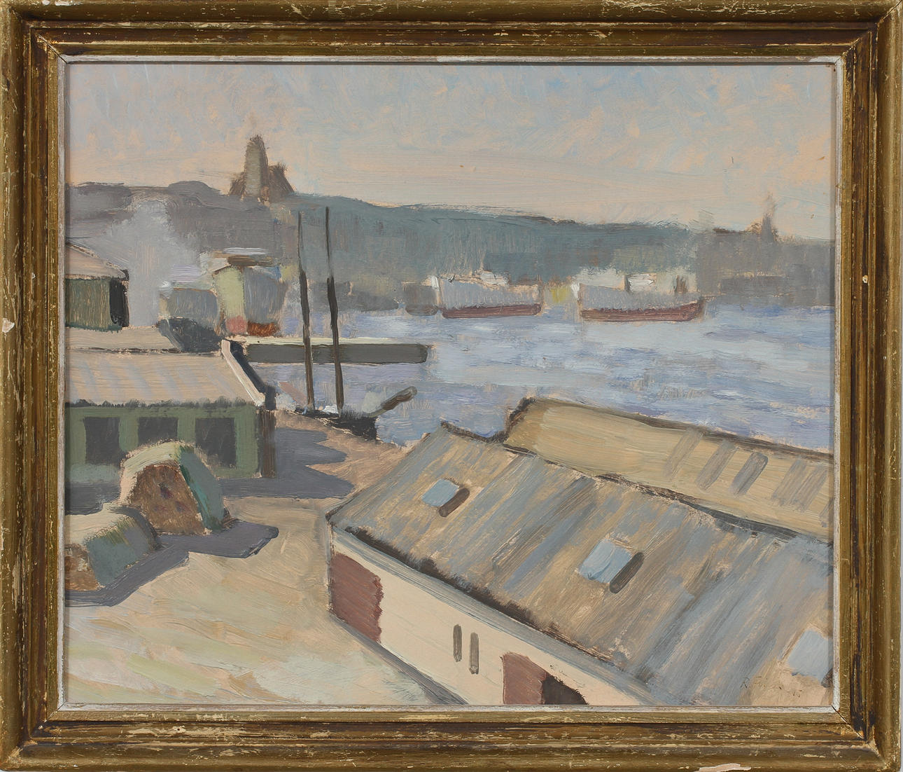 RUDOLF FLINK. Göteborgs hamn, Olja på pannå. Signerad.