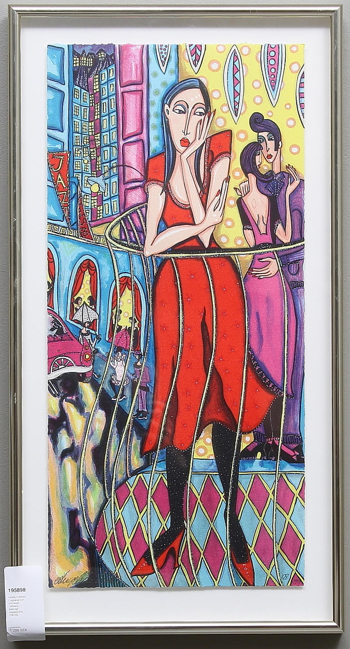 FÄRGLITOGRAFI, signerad och numrerad, "Väntans balkongl", Angelica Wiik, 128/290.